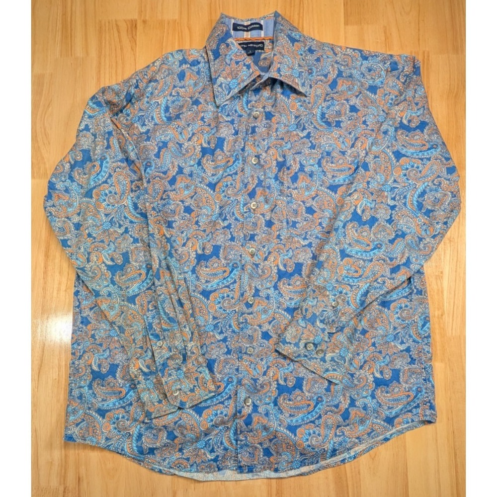 John Ashford Shirt Mens Large Blue Paisley Button Up 100% Cotton